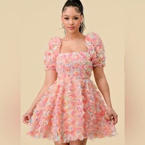 Short Puff Sleeve Chiffon‎ 3D Flower Pink Blue Mini Babydoll Dress. Size small